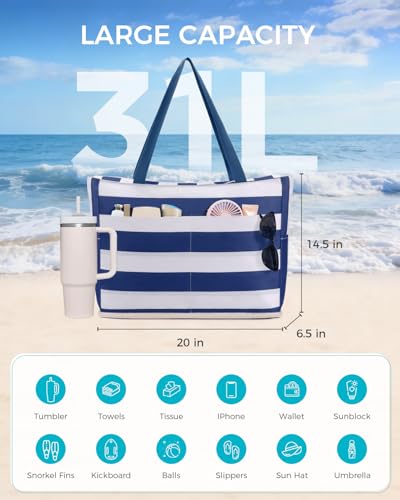 WANDF Beach Bags for Women, Large Waterproof Sandproof Beach Tote Bag with Zipper Family Pool Bags with 40oz Tumbler Pocke...