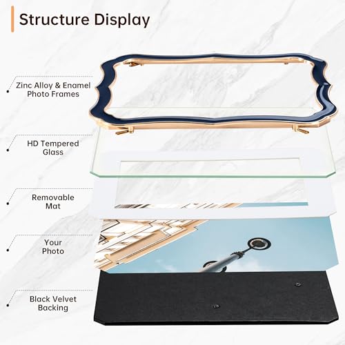 5x7 Enamel Picture Frame with HD-Tempered Glass, Display 4x6 Photo with Mat, Ornate Photo Frame with Metal Edge & Velvet B...