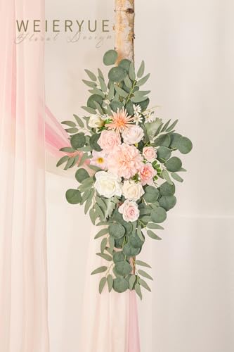 WEIERYUE Deluxe Pink Artificial Wedding Arch Flowers with Drapes Kit-Pack of 5, 2pcs Flower Arrangements 3pcs Hanging Shee...