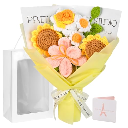 Crochet Flower Bouquet, Crochet Flowers Handmade Yellow Roses Sunflowers Bouquet, Romantic Gift for Her, Mother's Day, Wed...