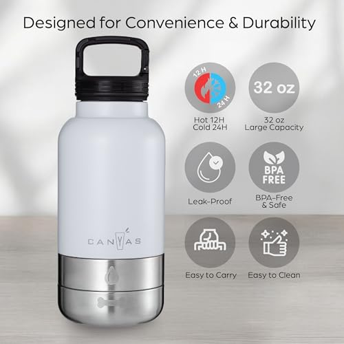 Insulated 32oz Stainless Steel Dog Water Bottle with Food & Water Bowls, Leak-Proof Pet Travel Dispenser for Dogs, Portabl...