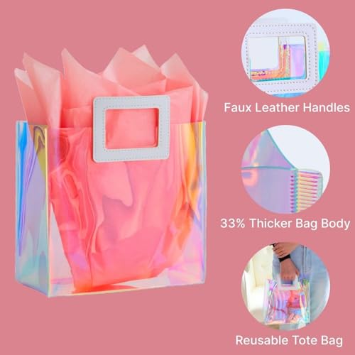VUOJUR 8.3'' Holographic Small Gift Bag with Tissue Paper Reusable Birthday Gift Bag for Girls Women Iridescent Bacheloret...