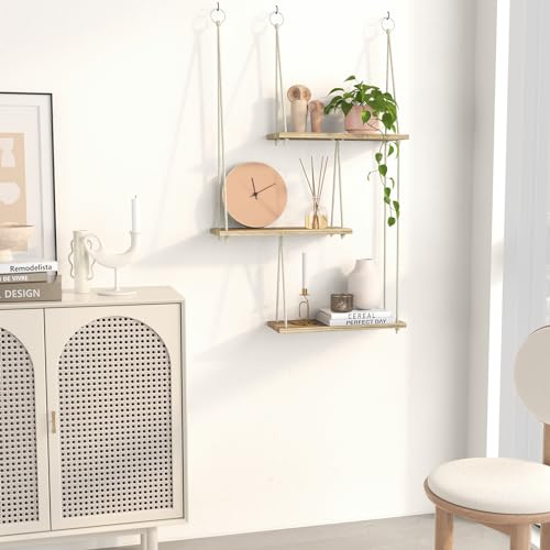 Fixwal Hanging Plant Shelves for Wall, 3 Tier Boho Wall Decor Plant Rack Floating Shelves Rope Rustic Wood Organizer Stora...