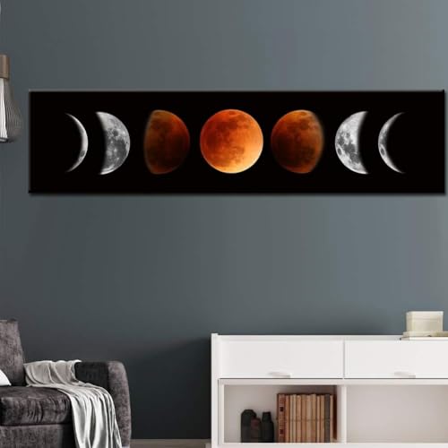Ohhvvow Moon Phase Wall Art Painting, 47L x 11.8W Black and Tawny Modern Abstract Canvas Wall Art Painting for Living Room...