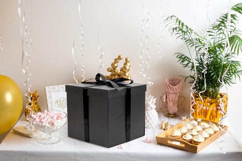 Jaywayang 10" Large Gift Box with Lid and Ribbon, Black Gift Box with Paper Filler for Birthday, Wedding, Valentine's Day,...
