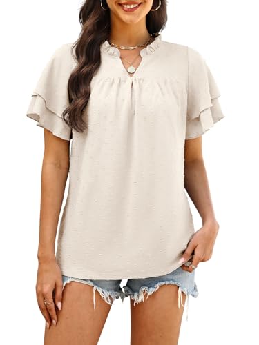 Womens Summer Tops Trendy Blouses Dressy Casual Flowy Swiss Dot Ruffle Short Sleeve Shirts