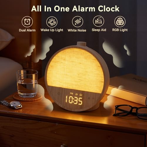 Vivilumens Wood Grain Sunrise Alarm Clock, Gentle Wake-Up Light Sound Machine, Dual Alarms for Heavy Sleepers, Natural Sou...