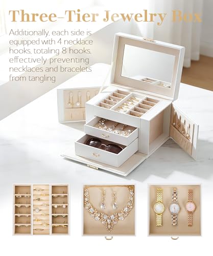 Homde Girls Jewelry Box with Lock: 3 Layer Organizer with Mirror - Necklace Ring Earring Storage for Dresser - Women Gifts...