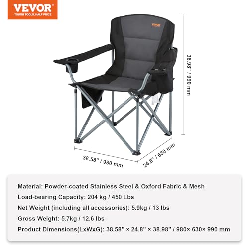 VEVOR Oversized Camping Folding Chair, Portable Heavy Duty Outdoor Quad Lumbar Back Padded with Side Pockets, Cup Holder a...