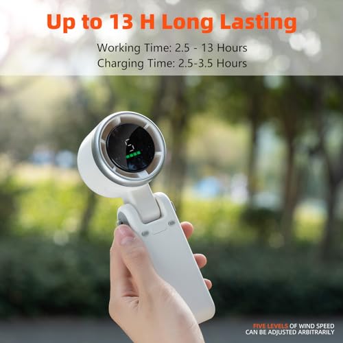 Turbo Mini Portable Fan, 3600mAh Rechargeable Battery Operated with LED Display, 180 Foldable 3 in 1 Personal Small Fan wi...
