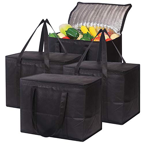Set of 4 Large Insulated Reusable Grocery Bags with Sturdy Zipper and Handles, Foldable Washable Heavy Duty Cooler Totes f...
