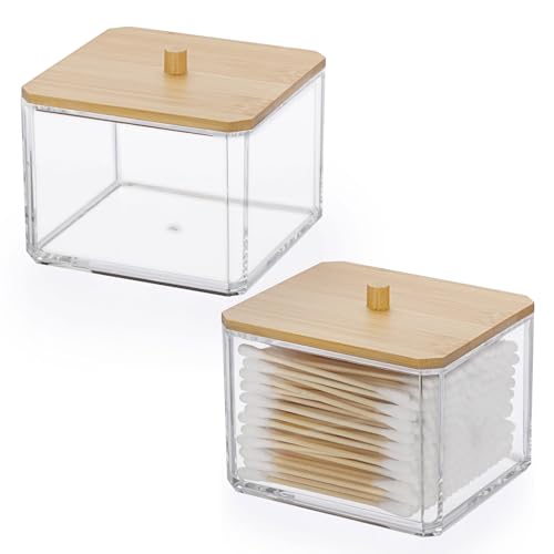 Hipiwe Acrylic Qtip Holder 2 Pack Cotton Swab and Ball Organizer with Lid Bathroom Q-tip Dispenser Clear Acrylic Apothecar...