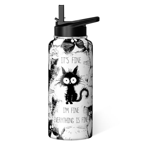 Hqhzaha Cat Water Bottle 32oz Vacuum Insulated Funny Water Bottles Thermoses with Straw Lid Cat Gifts for Cat Lovers Owner...