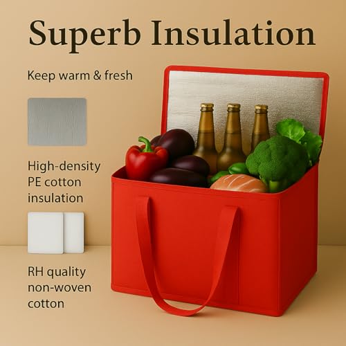 musbus 2-Pack XL-Large Insulated Grocery Shopping Bags, Red, Reusable, Heavy Duty, Zipped Zipper,Collapsible,Tote,Cooler,G...