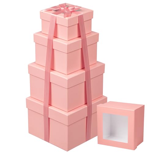 Oairse Square Gift Boxes with Lids for Presents Small Pink Gift Boxes with Clear Window Nesting Gift Boxes Set of 4 Flower...