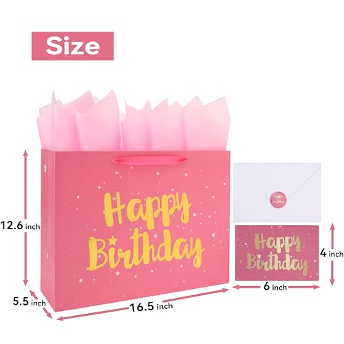 Qirrmiy 16.5” Extra Large Pink Happy Birthday Gift Bag Set with Handles, Greeting Card, Tissue Papers and Stickers for Wom...