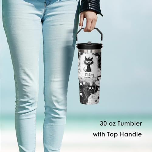 mvhsuoem 30 oz Cat Black Flip Straw Tumbler with Top Handle for Cat Black Lover Resuable Vacuum Insulated Flip Top Water b...