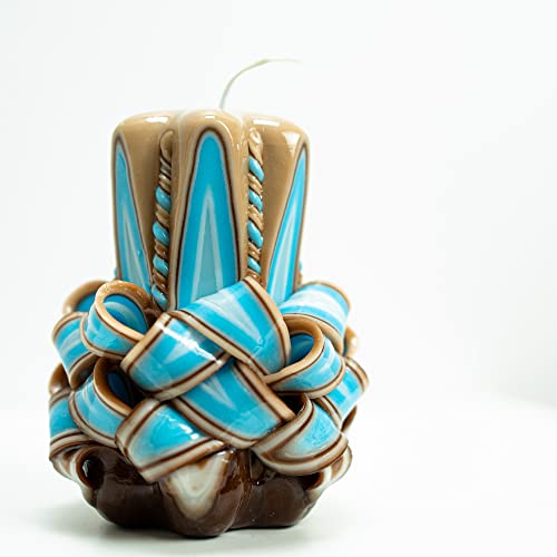 Carved Candle Artisan Handmade Decorative Dipped Candle 5 inch Blue Brown Fall Thanksgiving New Year Christmas Holiday Sea...