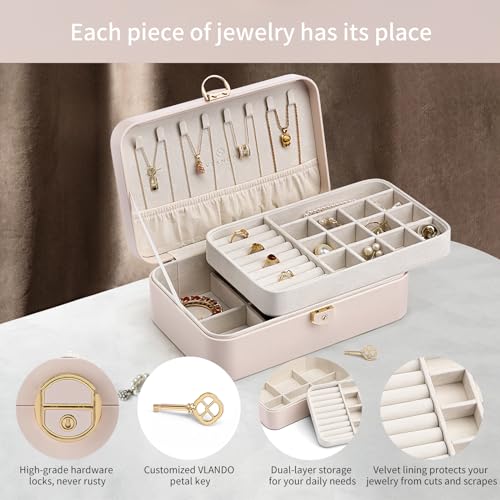 Vlando 2-Layer Jewelry Box,Valentines Day Gifts for Her Jewelry Organizer for Women Removable Jewelry Tray for Earrings Ne...