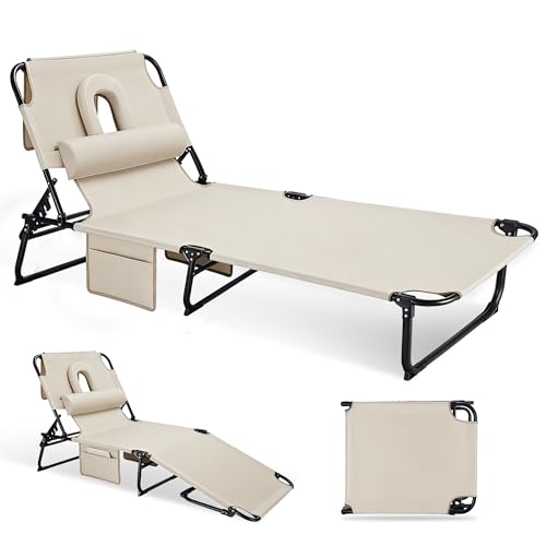 Ahsuname 3-in-1 Sun Tanning Chair with Face Holes, Folding Chaise Lounge Chairs, 5-Position Adjustable Lounge Chair Outdoo...