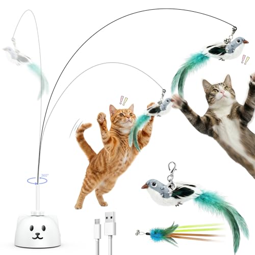 Interactive Cat Toys for Indoor Cats - Automatic Flying Bird Feather Toy, USB Rechargeable Electric Cat Teaser with Sticky...