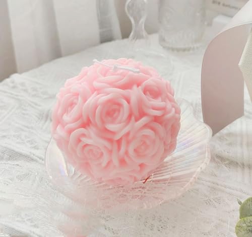 Rose Ball Shaped Aesthetic Scented Candle,380G Handmade Spherical Rose Flower Soy Wax Aroma Art Decorative Candle for Tabl...