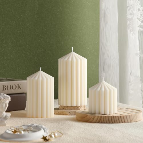 Conelist Set of 3 White Ribbed Pillar Candles Soy Wax Scented Ribbed Candles Includes 2.8, 4.2 and 5.1 Inches Heights Deco...
