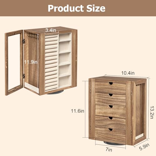 Emfogo 360° Rotating Jewelry Box for Women, Rustic Wooden Jewelry Organizer Box with 5 Drawers, Glass Doors, Vertical Open...