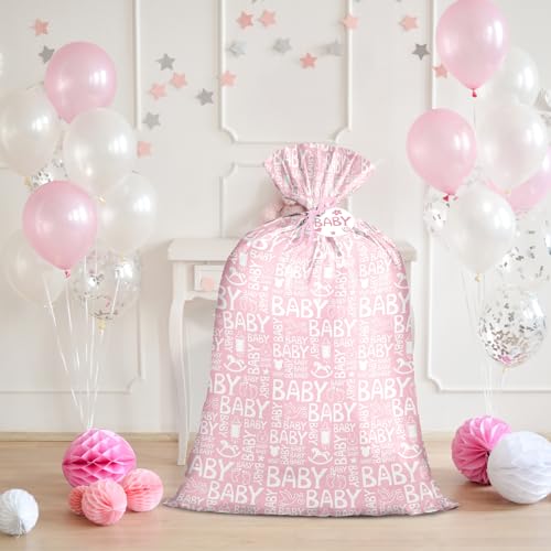 Loveinside Pink Jumbo Large Plastic Gift Bag, Baby Girl Design Plastic Bag with Tag and Tie for Birthday, Baby Shower and ...