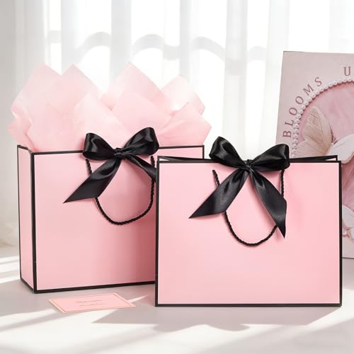 Ohuimrt 2 Pack Pink Gift Bags with Handles, 12.6 x 9.8 x 4.3 Inches Paper Bags, Gift Wrap with Tissue Paper Ribbons Cards ...
