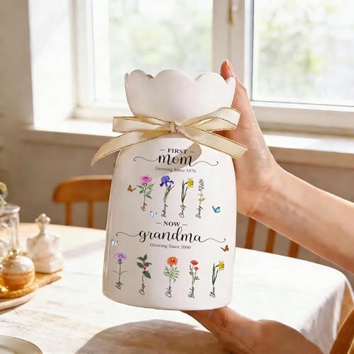NAZENTI Personalized First Mom Now Grandma Flower Vase - Mother's Day Grandmas Garden Vases with Kids Names and Birth Mont...