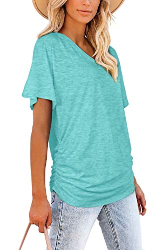 WIHOLL Womens Summer T-Shirts Short Sleeve V Neck Dolman Tops with Side Shirring Loose Fit Shirts Spring Fashion