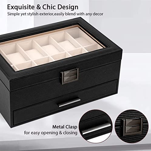 Voova Jewelry Box Organizer for Men Women, 2 Layer Large 12 Slot PU Leather Watch Storage Case, Glass Top Jewelry Display ...