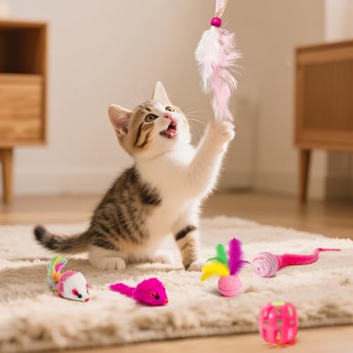 MALLMALL6 Cat Toy Set Interactive Cat Toys 27Pcs Pack Stuff Pink Feather Teaser Wand Springs Mice Sisal Fish Crinkle Balls...