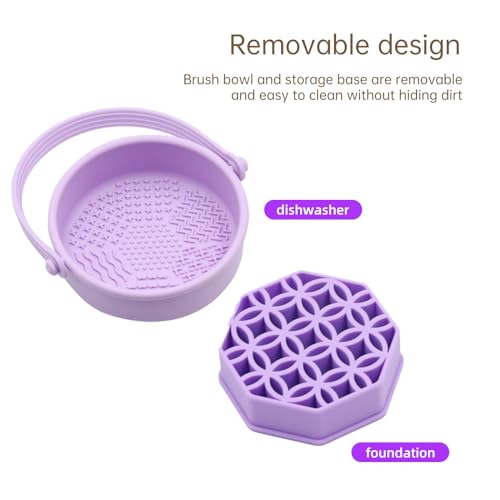 Makeup Brush Cleaning Mat - Makeup Brush Cleaner, Portable Silicone Makeup Brush Cleaner Bowl with Drying Holder (Purple)