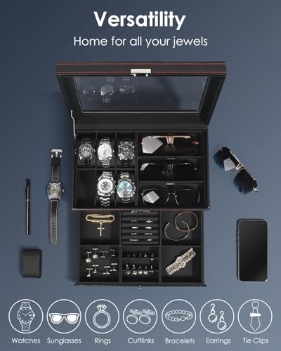 Kukikan Watch Jewelry Box Organizer, 6-Slot 2-Layer Watch Case and Sunglasses Storage with Large Glass Lid, Men's Jewelry ...