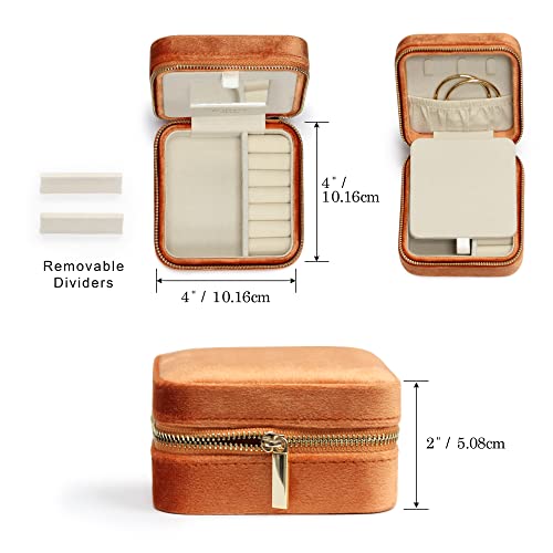 BLUTETE Travel Jewelry Box Organizer Velvet Travel Case With Mirror Rings Earrings Necklaces Storage Organizer Box (Orange)