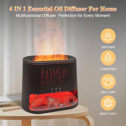 Fireplace Flame Diffuser & Himalayan Salt Lamp, 8 Colors Aromatherapy Diffuser Cool Mist Humidifier with Timer Auto Off Fu...