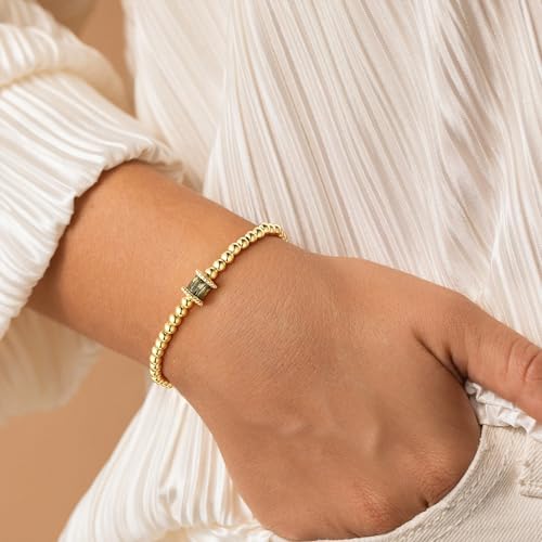 M MOOHAM Mothers Day Gifts - Birthstone Gold Beaded Bracelets for Women, Dainty Elastic 14k Real Gold Plated Beaded Bracel...