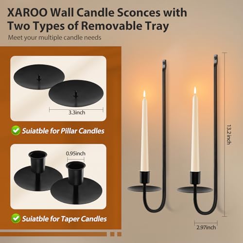 Candle Sconces Set of 2, Taper & Pillar Wall Candle Holder, 13.2 Inch Black Wall Sconces Set of Two, Decor for Entryway, S...