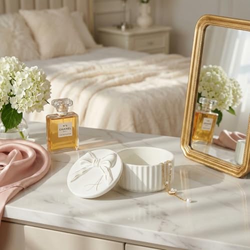COLLECTIVE HOME Monogram Initial Jewelry Box with Bow - Elegant Ring Holder & Earring Dish | Christmas Gift Idea for Wome...