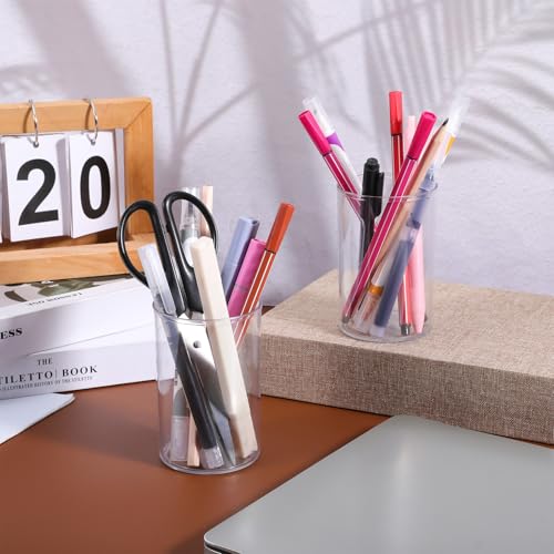 Psiriol 2 PCS Round Acrylic Pen Holder, Cylinder Container Organizer, Pencil Holders, Clear Round Makeup Brush Holder, Des...