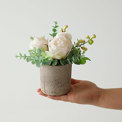 Rosscer Small Artificial Burnt White Rose Potted Plant, 6" Fake Silk Flowers in 3" Cylindrical Pot, Mini Faux Floral Arran...