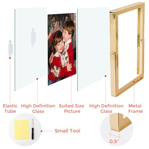 Golden State Art, 2 Pack, 5x7 Inch Metal Picture Frames, Floating Display for 4x6, 3x5 Photos, with Real Glass and Pull-Ou...