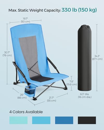 SONGMICS Set of 2 Portable Beach Chairs for Adults, Max. Load 330 lb Each, High Backrest, Cup Holder, Lightweight, Heavy-D...