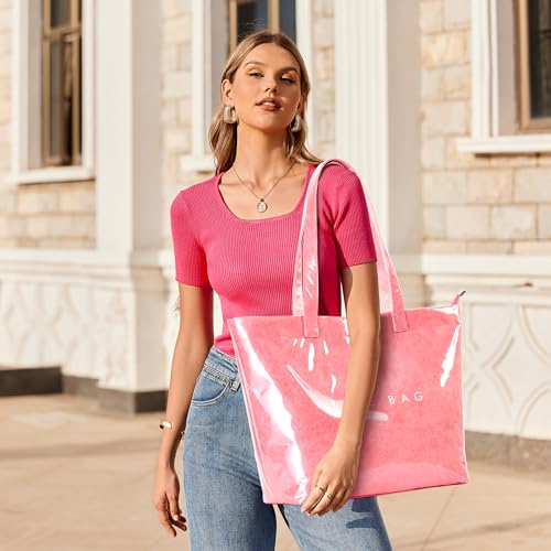 KALIDI PVC Zipper Tote Bag, Jelly Kraft Paper Beach Bag Large Hobo Carry All Travel Shopping Handbag Plastic Shoulder Bag
