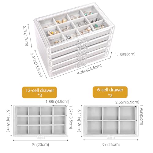 ProCase Earring Holder Organizer Jewelry Box with 5 Drawers, Acrylic Clear Earring Case with Adjustable Velvet Trays for W...