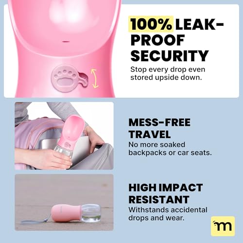 MalsiPree Leak-Proof Portable Dog Water Bottle for Travel - 19 oz, with Pink Bowl - Food Grade Plastic - Dog Bowls - Puppy...