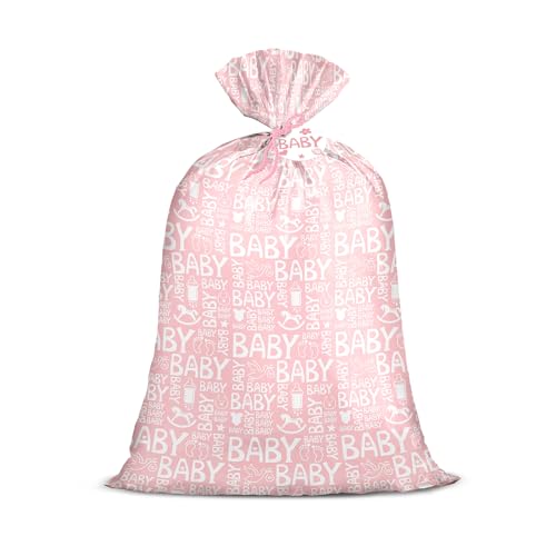 Loveinside Pink Jumbo Large Plastic Gift Bag, Baby Girl Design Plastic Bag with Tag and Tie for Birthday, Baby Shower and ...