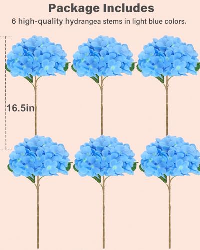 LA.PONEE 6PCS Premium Blue Silk Hydrangea Artificial Flowers Bouquets - Realistic Fake Hydrangea with Stems, Faux Flower A...